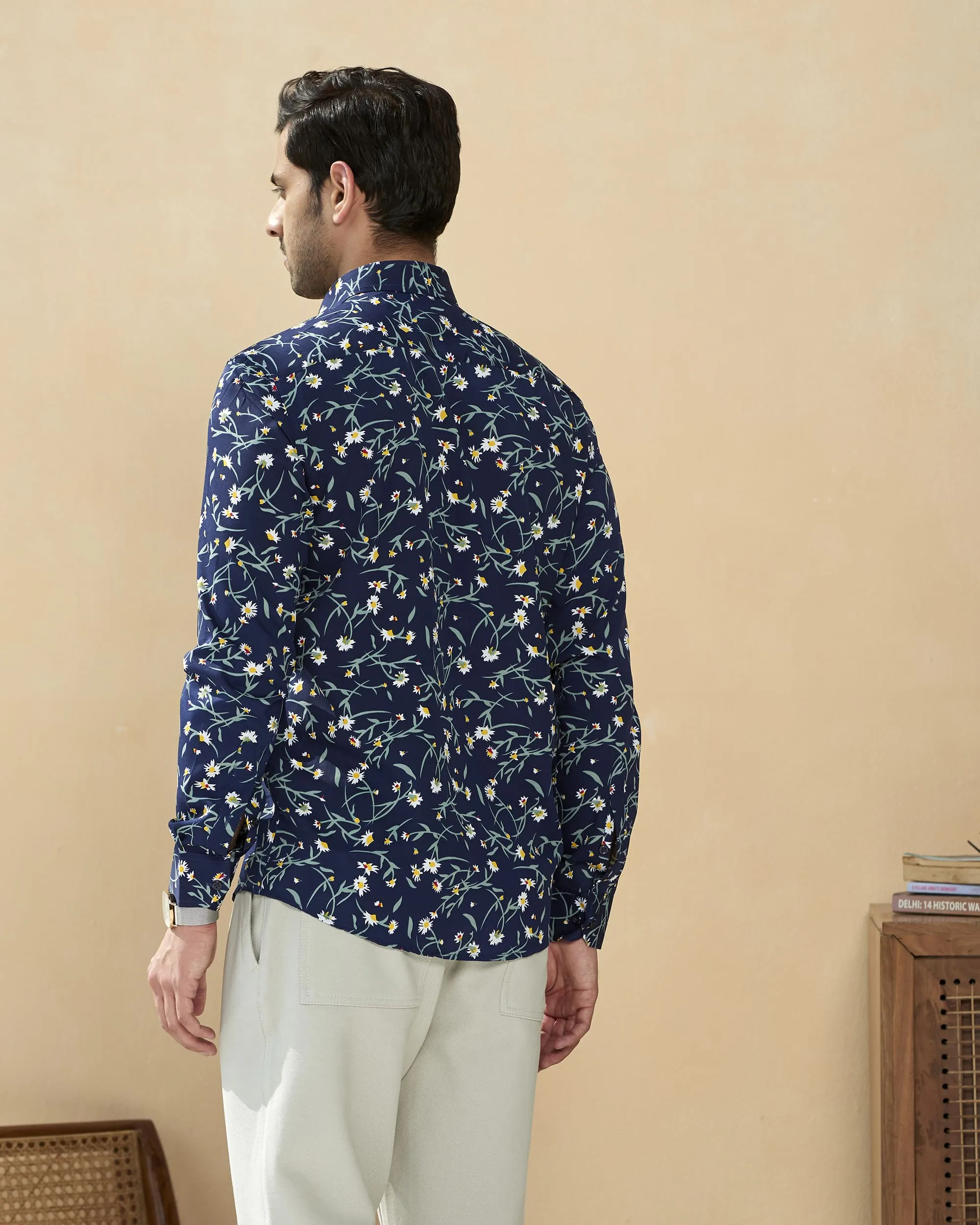 Navy Full Sleeve Cotton Hand Block Printed Men's Shirt