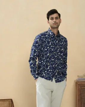 Navy Full Sleeve Cotton Hand Block Printed Men's Shirt