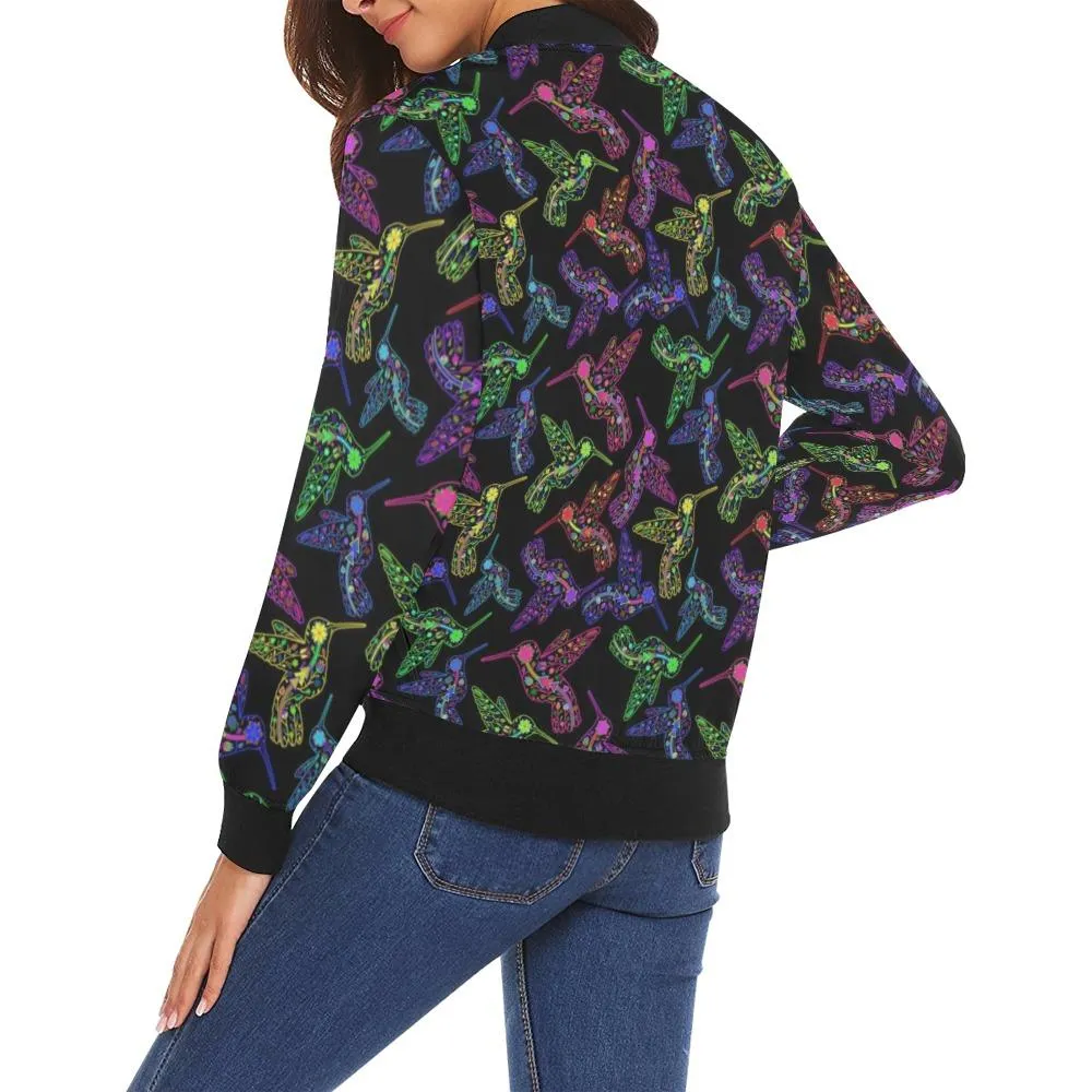 Neon Floral Hummingbird Bomber Jacket for Women