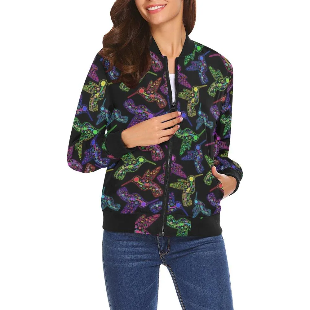 Neon Floral Hummingbird Bomber Jacket for Women