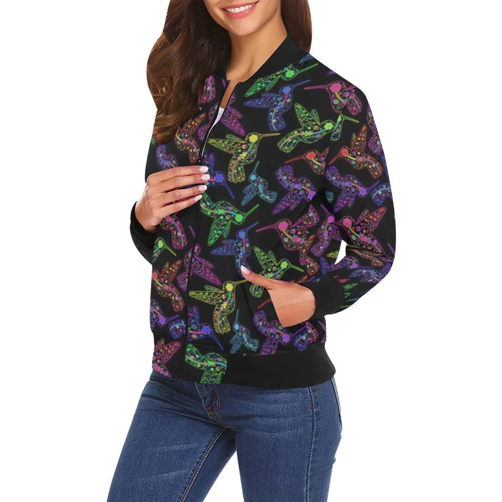 Neon Floral Hummingbird Bomber Jacket for Women