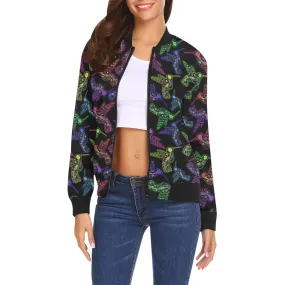 Neon Floral Hummingbird Bomber Jacket for Women