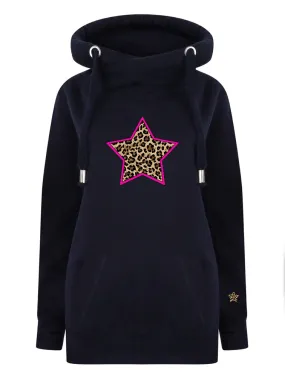 Neon Pink & Leopard Star Luxe Hoodie - Navy