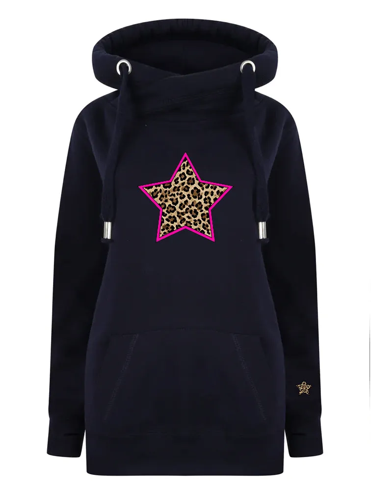 Neon Pink & Leopard Star Luxe Hoodie - Navy