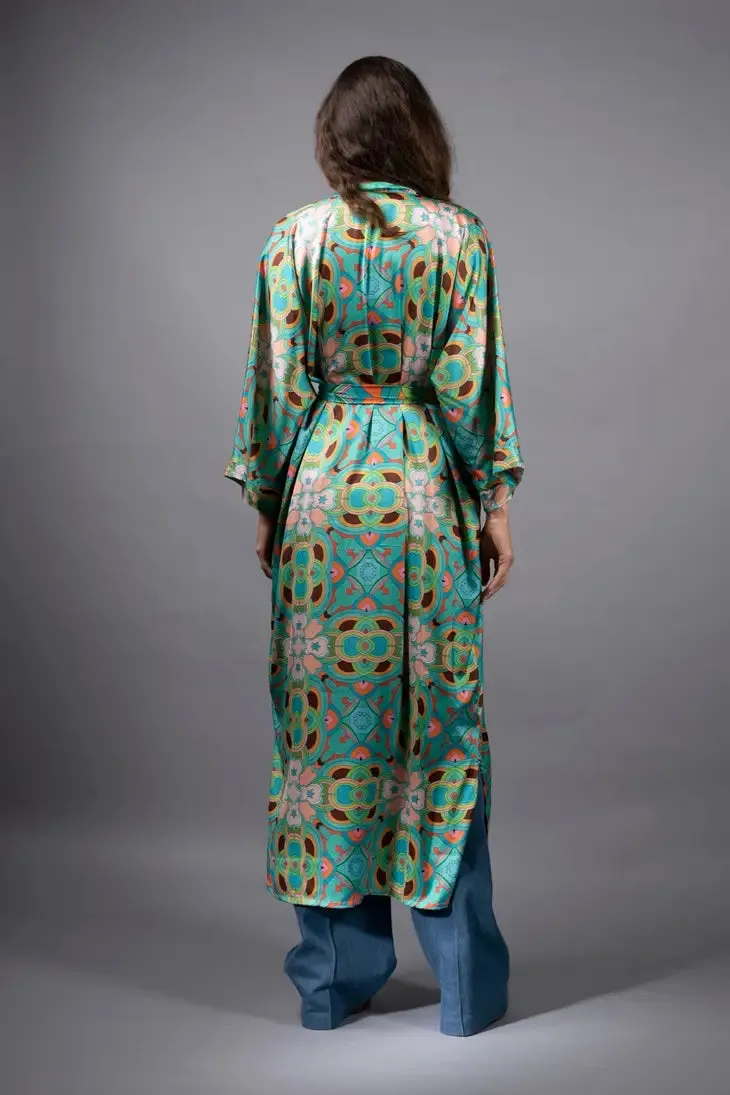 NUVULA PSYCHEDELIC STARS TEAL LONG SATIN KIMONO