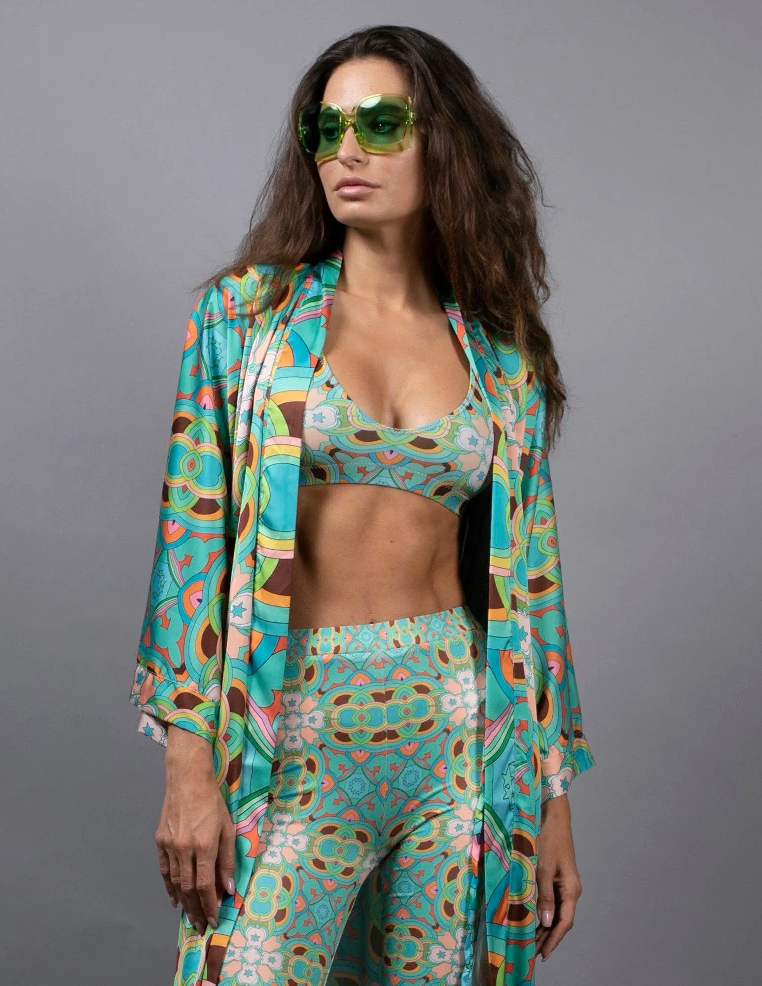 NUVULA PSYCHEDELIC STARS TEAL LONG SATIN KIMONO