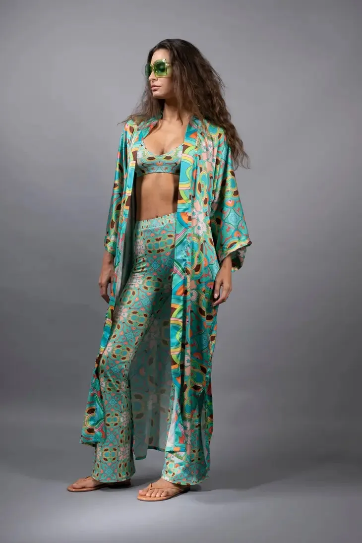 NUVULA PSYCHEDELIC STARS TEAL LONG SATIN KIMONO