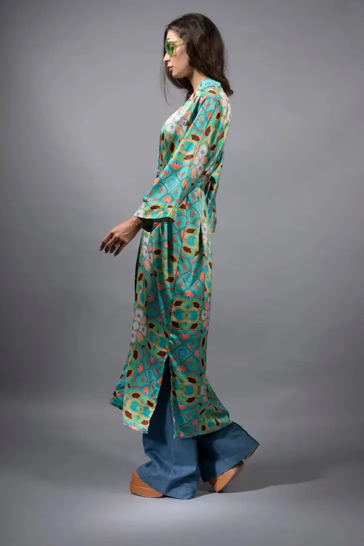 NUVULA PSYCHEDELIC STARS TEAL LONG SATIN KIMONO