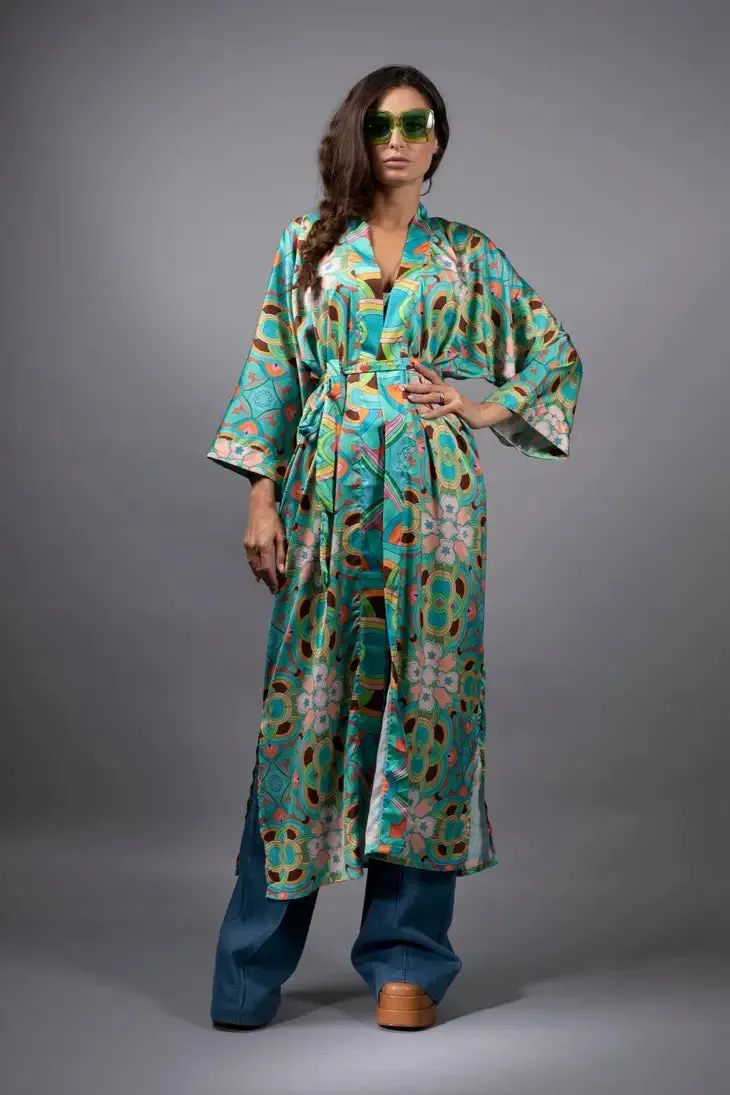 NUVULA PSYCHEDELIC STARS TEAL LONG SATIN KIMONO