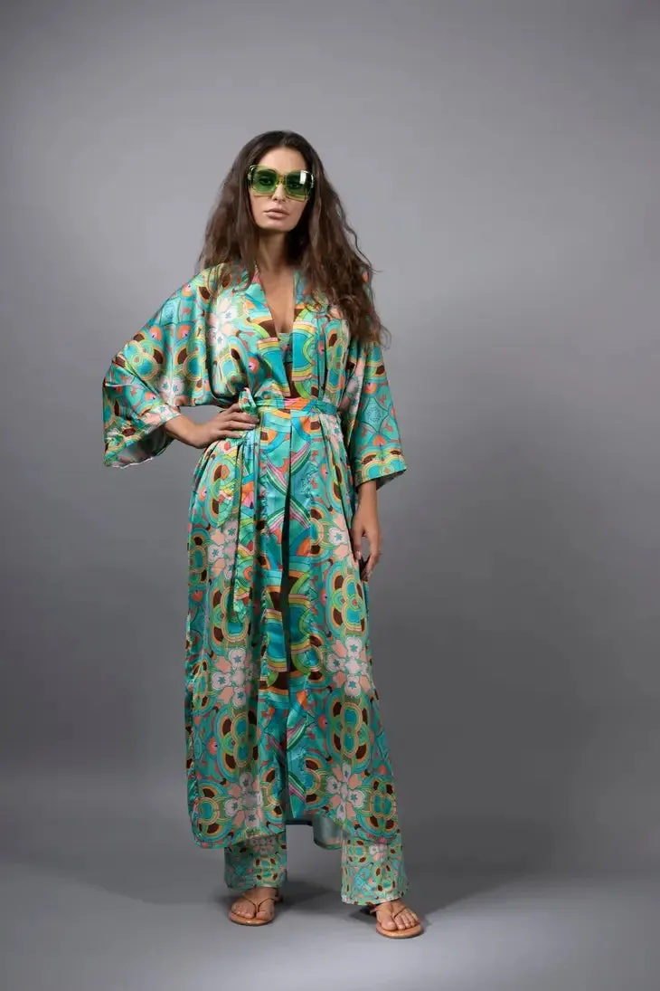 NUVULA PSYCHEDELIC STARS TEAL LONG SATIN KIMONO