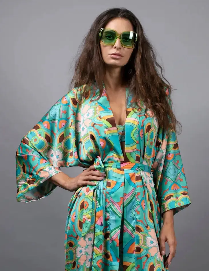 NUVULA PSYCHEDELIC STARS TEAL LONG SATIN KIMONO