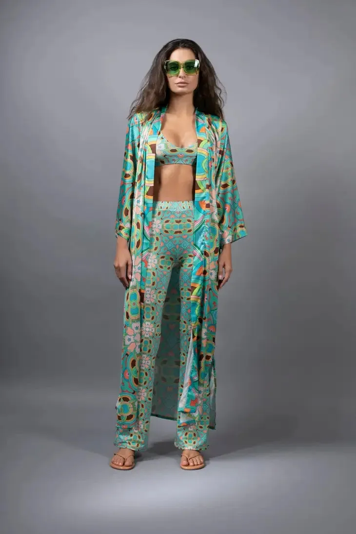 NUVULA PSYCHEDELIC STARS TEAL LONG SATIN KIMONO