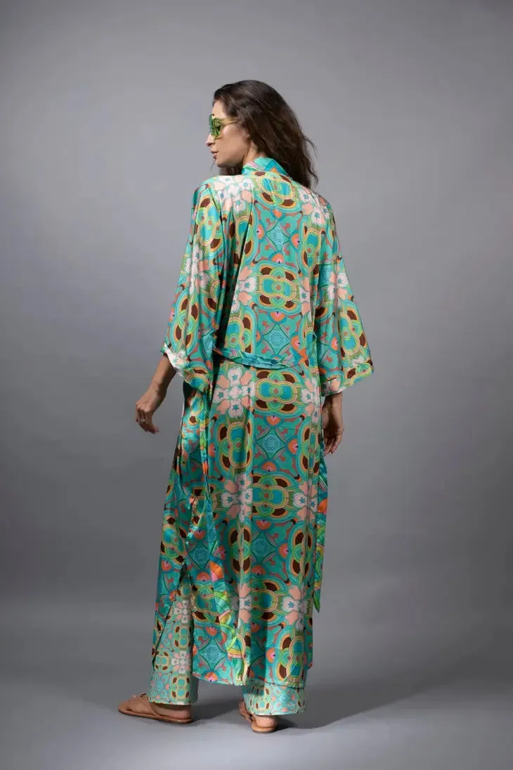 NUVULA PSYCHEDELIC STARS TEAL LONG SATIN KIMONO