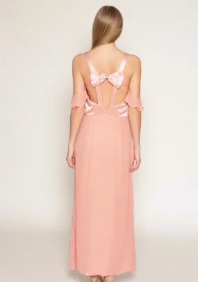 Off-shoulder sleeves, bowtie detail long silk dress