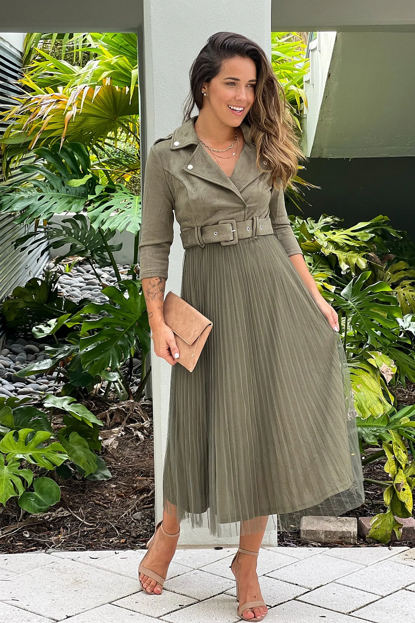 Olive Pleated Skirt And Suede Top Dress