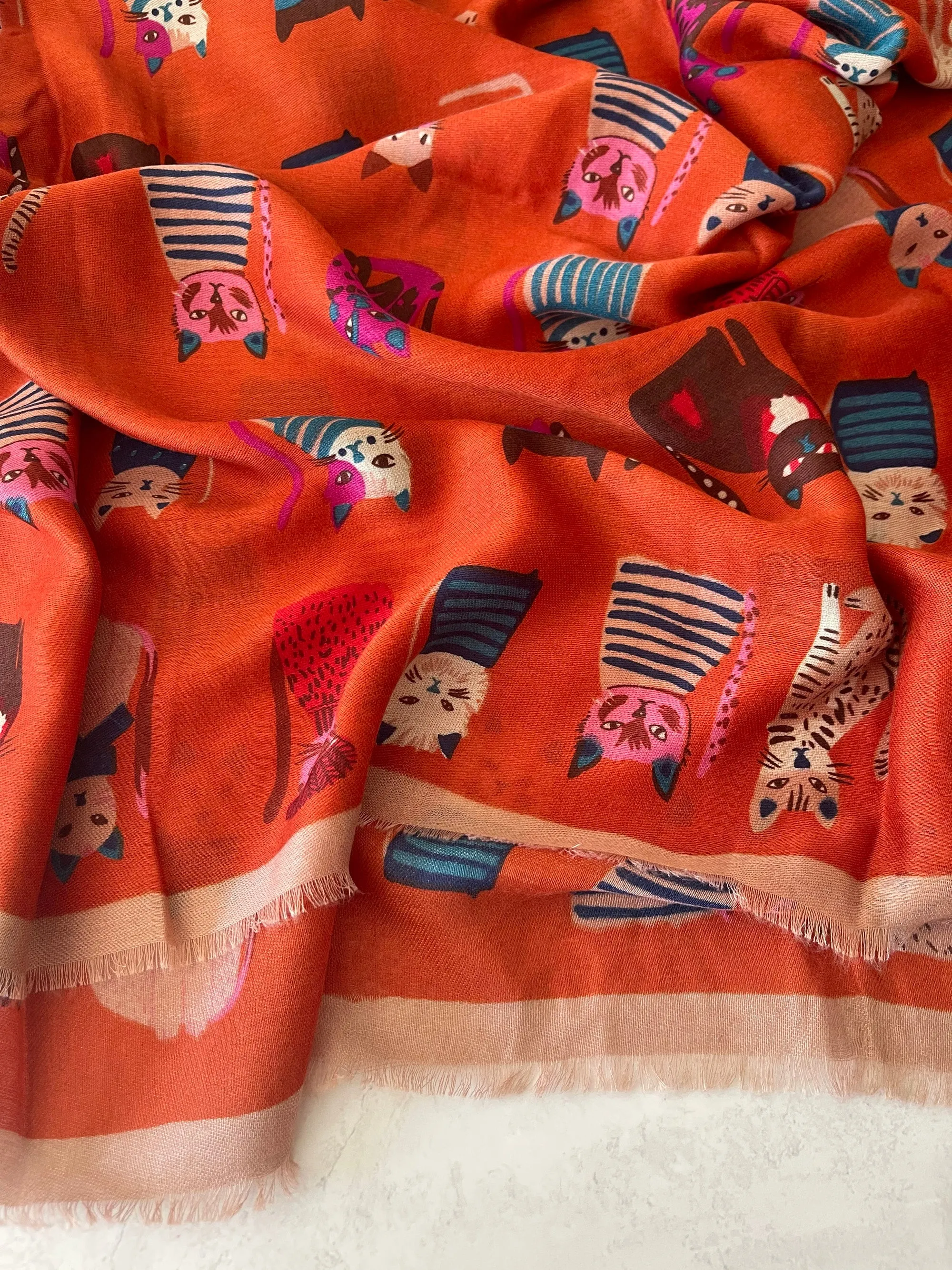 ORANGE RUST COTTON BLEND CAT PRINT LIGHTWEIGHT SCARF