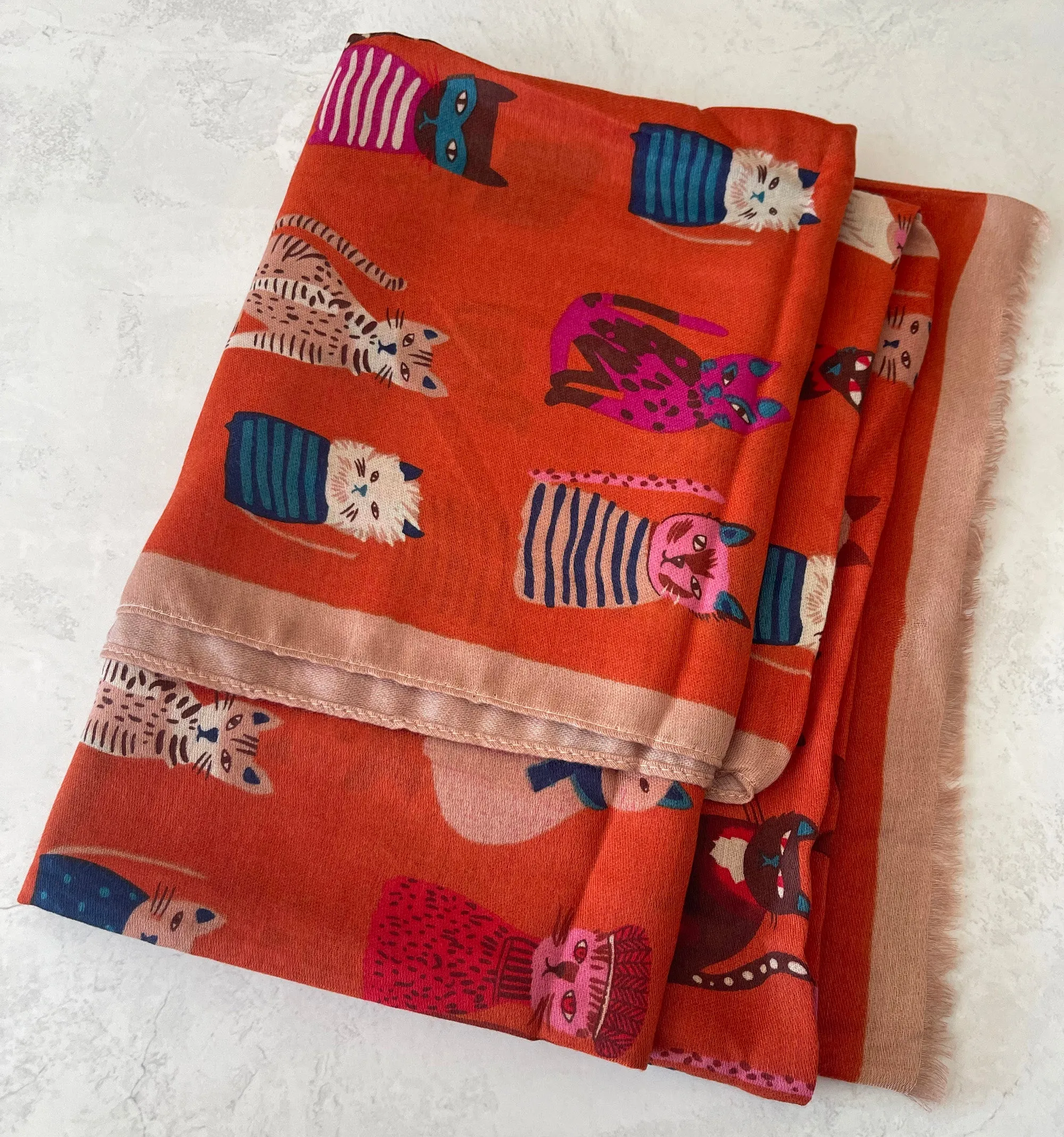 ORANGE RUST COTTON BLEND CAT PRINT LIGHTWEIGHT SCARF