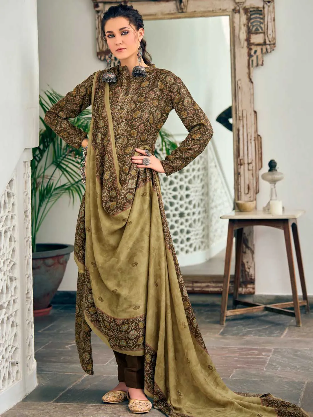 Pashmina Embroidered Mahendi Green Unstitched Winter Ladies Suits