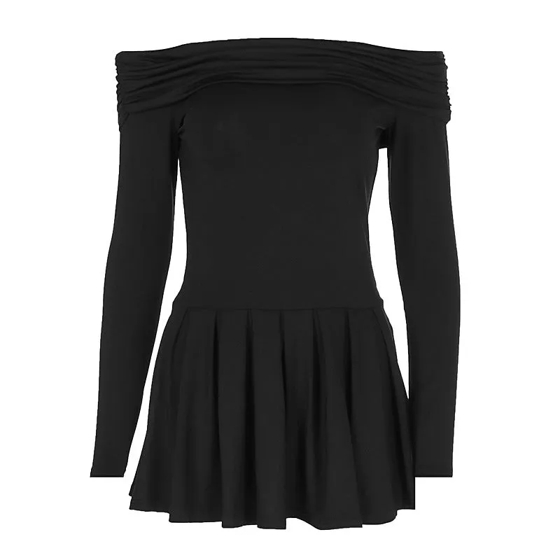 PEOPLETERRITORY  women's clothing New autumn and winter new short skirt fashion temperament off-the-shoulder slim-fitting long-sleeved pleated dress