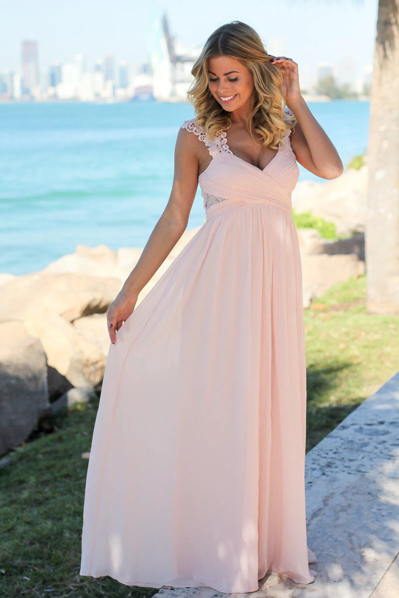 Pink Maxi Dress with Pleated Top and Crochet Detail