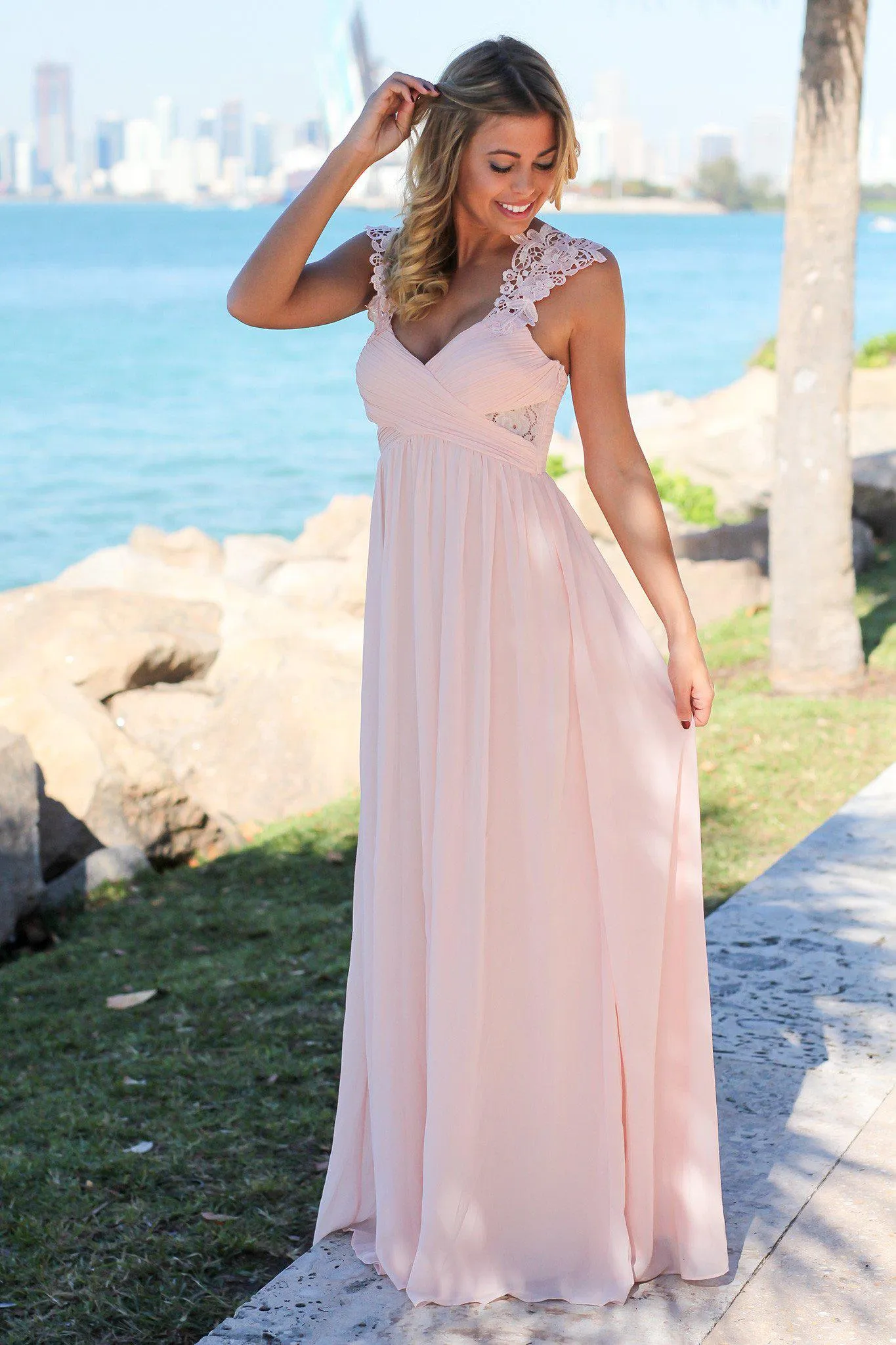 Pink Maxi Dress with Pleated Top and Crochet Detail