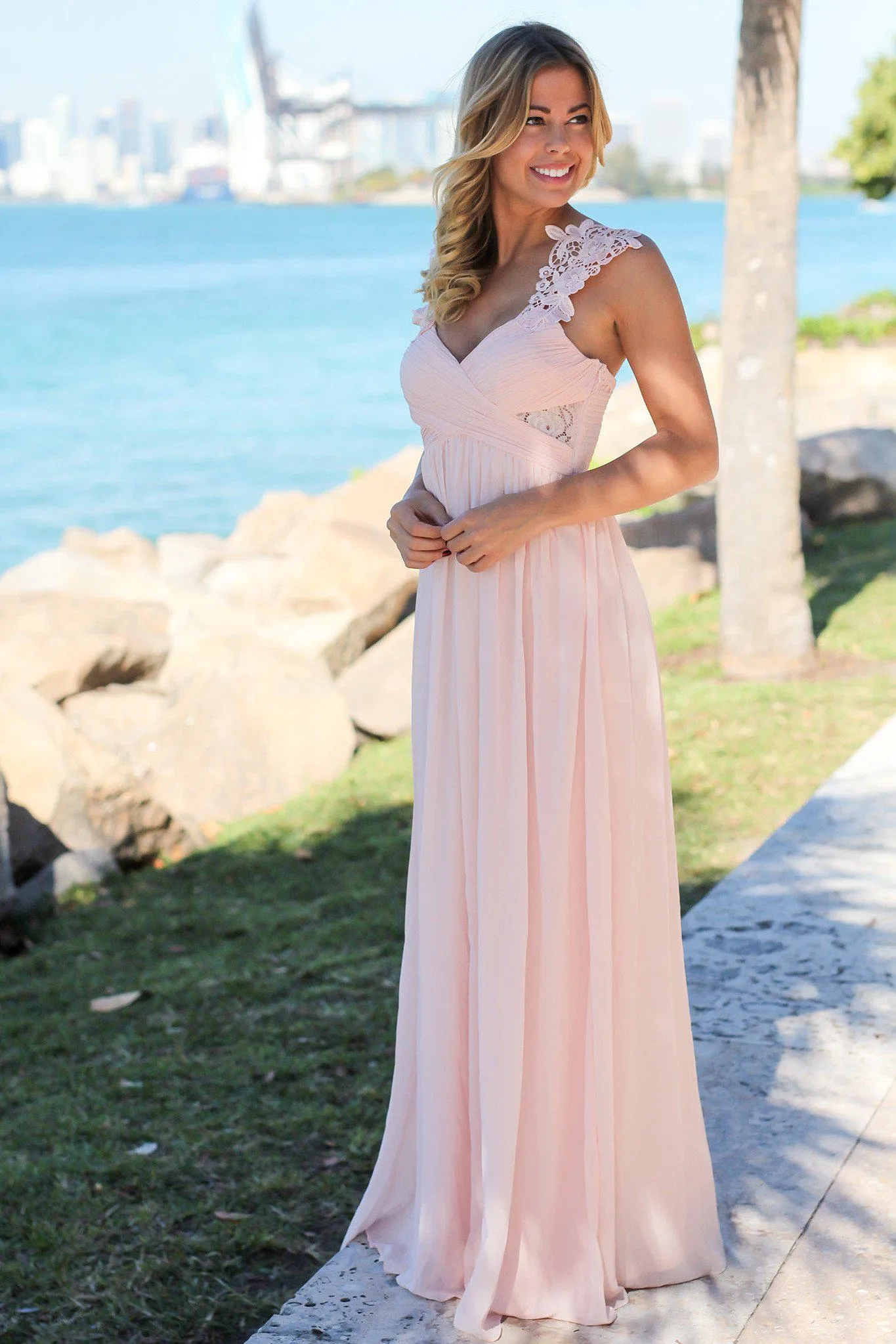 Pink Maxi Dress with Pleated Top and Crochet Detail