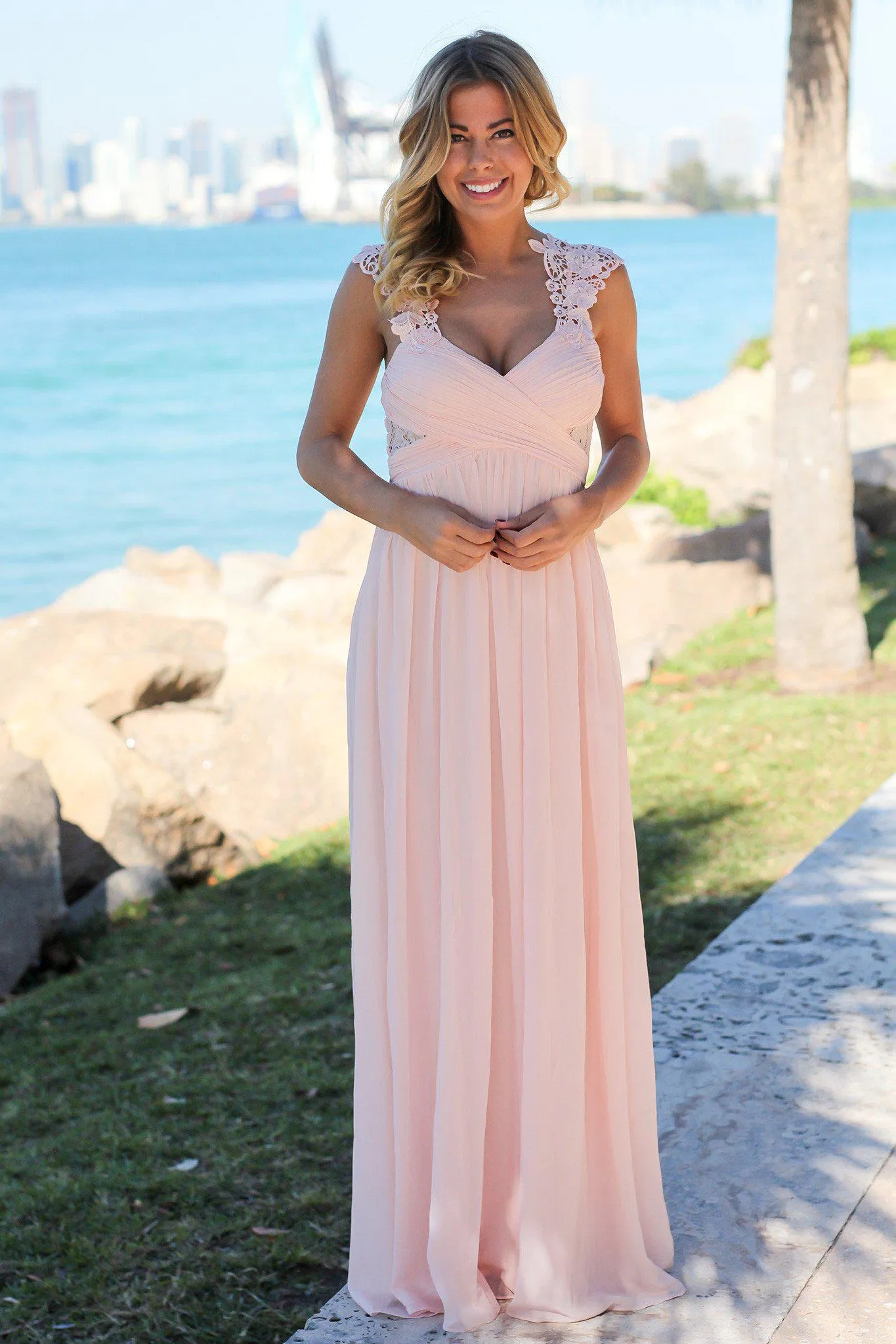 Pink Maxi Dress with Pleated Top and Crochet Detail