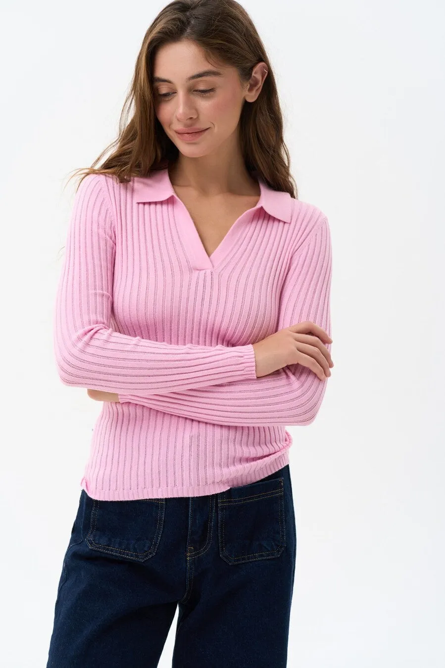 Pink Polo Collar Long Sleeve