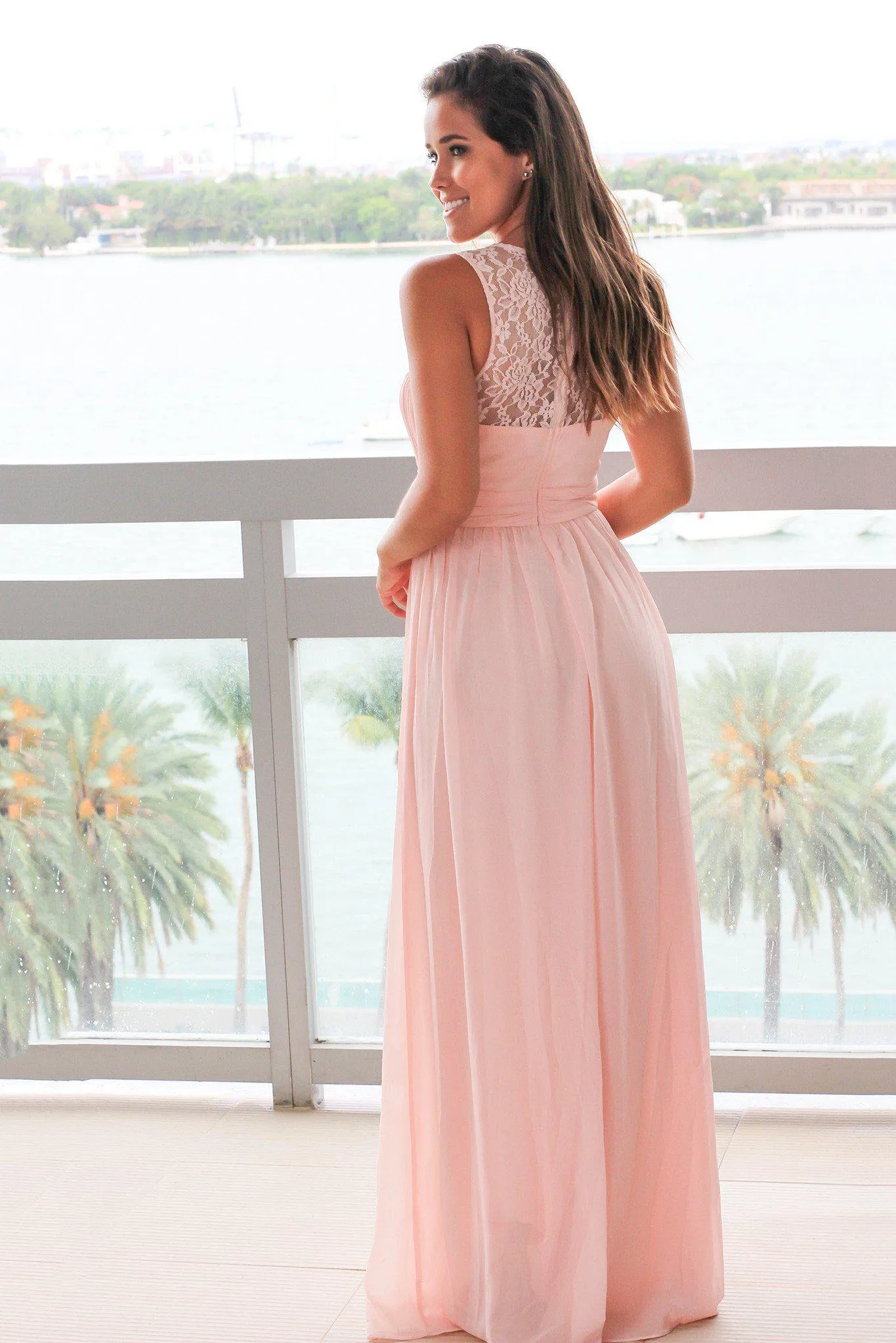 Pink Sleeveless Maxi Dress with Pleated Lace Top