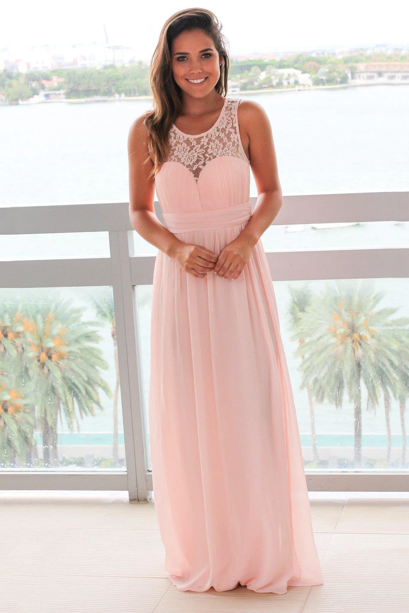 Pink Sleeveless Maxi Dress with Pleated Lace Top