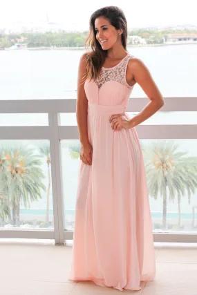 Pink Sleeveless Maxi Dress with Pleated Lace Top