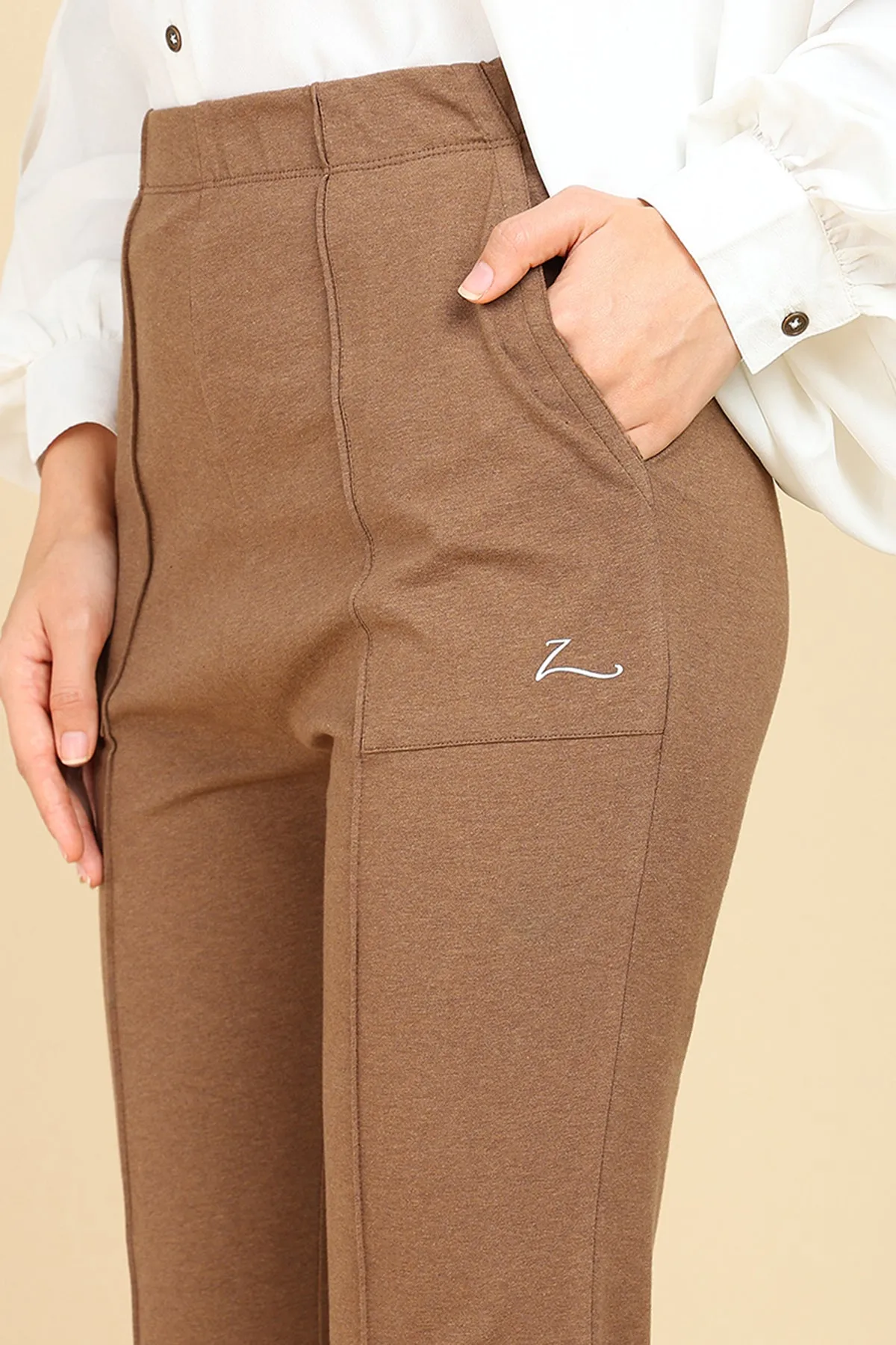 Pleated Cotton Melange Brown Maternity Pants (Pregnancy & Postpartum)