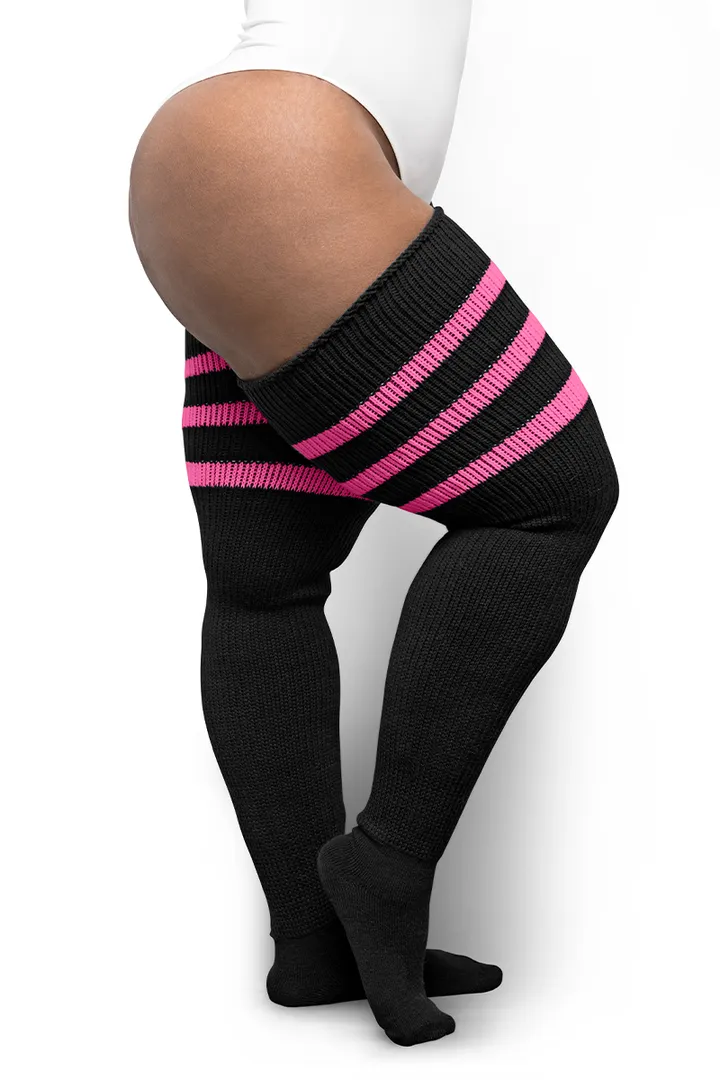 Plus Size Thigh High Socks in Black with Pink Stripes