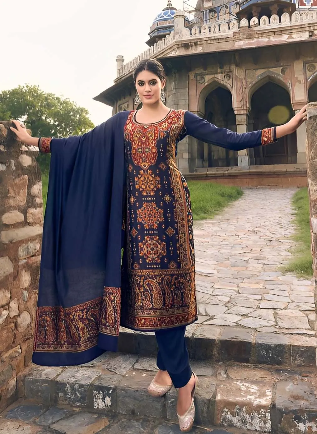 Pure Handloom Weaving Pashmina Navy Blue Winter Suits Set