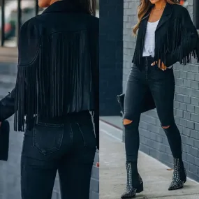 Purpdrank - Fringed Bomber Jacket Women Spring Fashion Long Sleeve Turn-down Collar Open Stitch Slim Jackets