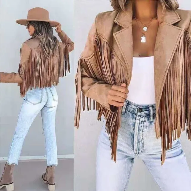 Purpdrank - Fringed Bomber Jacket Women Spring Fashion Long Sleeve Turn-down Collar Open Stitch Slim Jackets