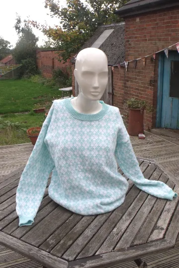 "Imogen" an Argyle styled sweater,  UK 16,  Handmade, Turquoise & white for spring