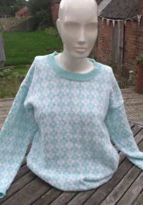 "Imogen" an Argyle styled sweater,  UK 16,  Handmade, Turquoise & white for spring