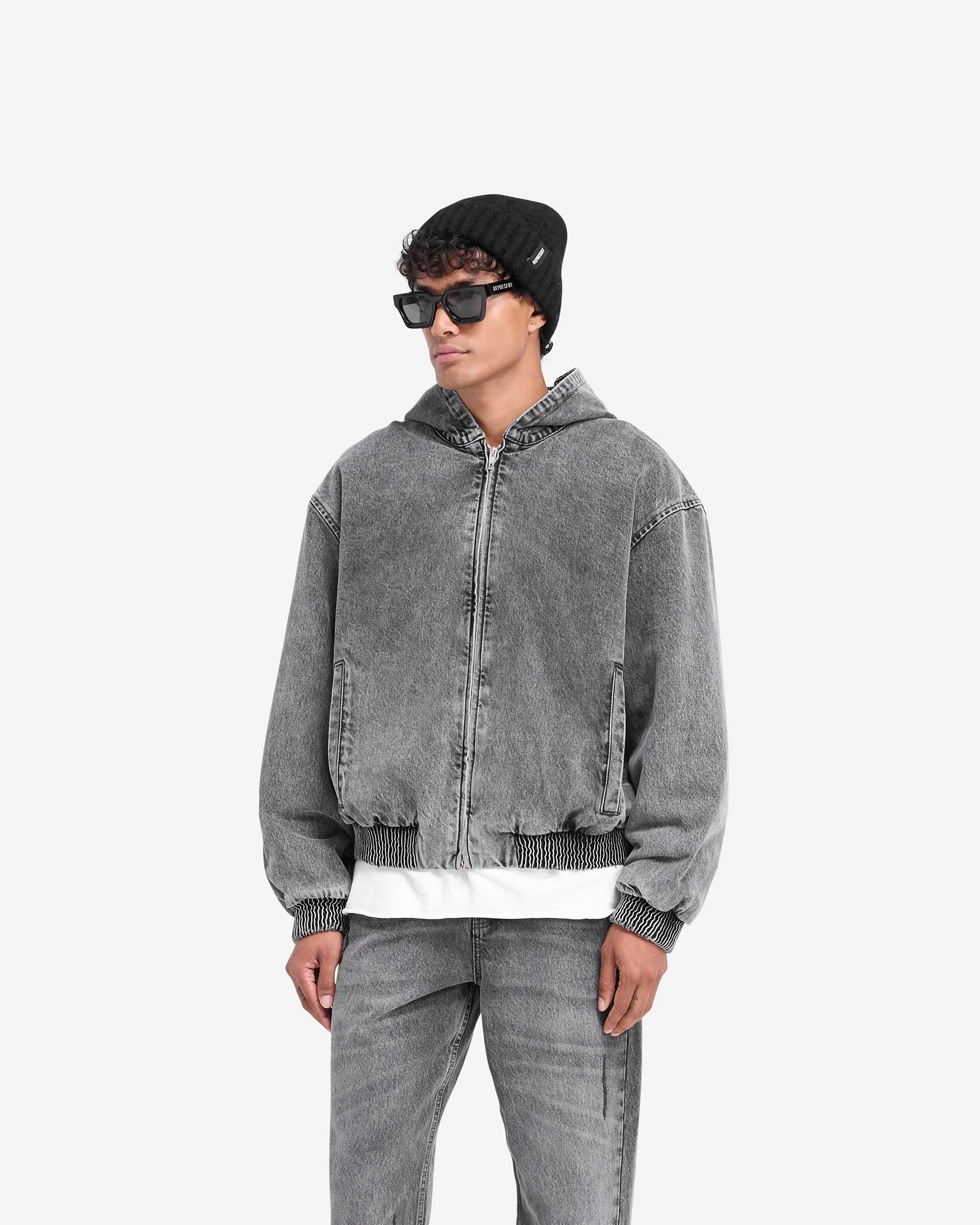 R5 Hooded Denim Bomber - Charcoal Grey