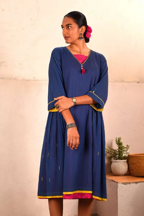 Rangsutra Saheli Double Layer Hand Embroidered Blue Mulmul Cotton Kurta Dress With Printed Pink Slip