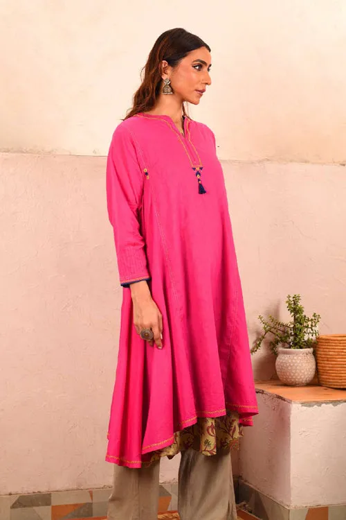 Rangsutra Saheli Double Layer Hand Embroidered Pink Mulmul Cotton Kurta Dress With Printed Beige Slip