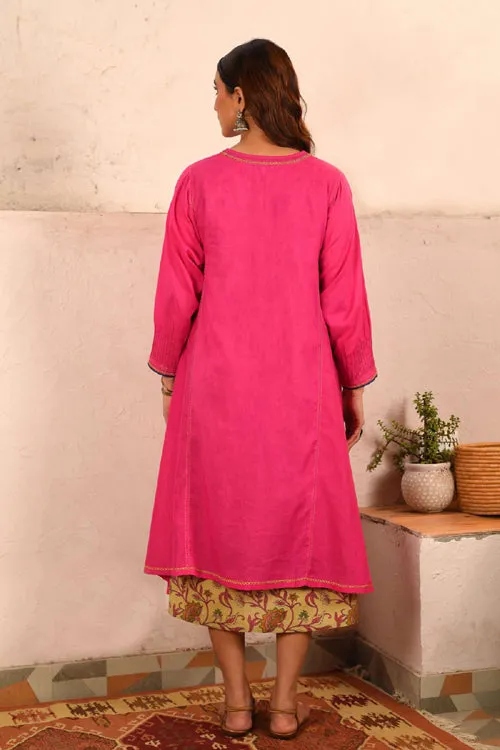 Rangsutra Saheli Double Layer Hand Embroidered Pink Mulmul Cotton Kurta Dress With Printed Beige Slip