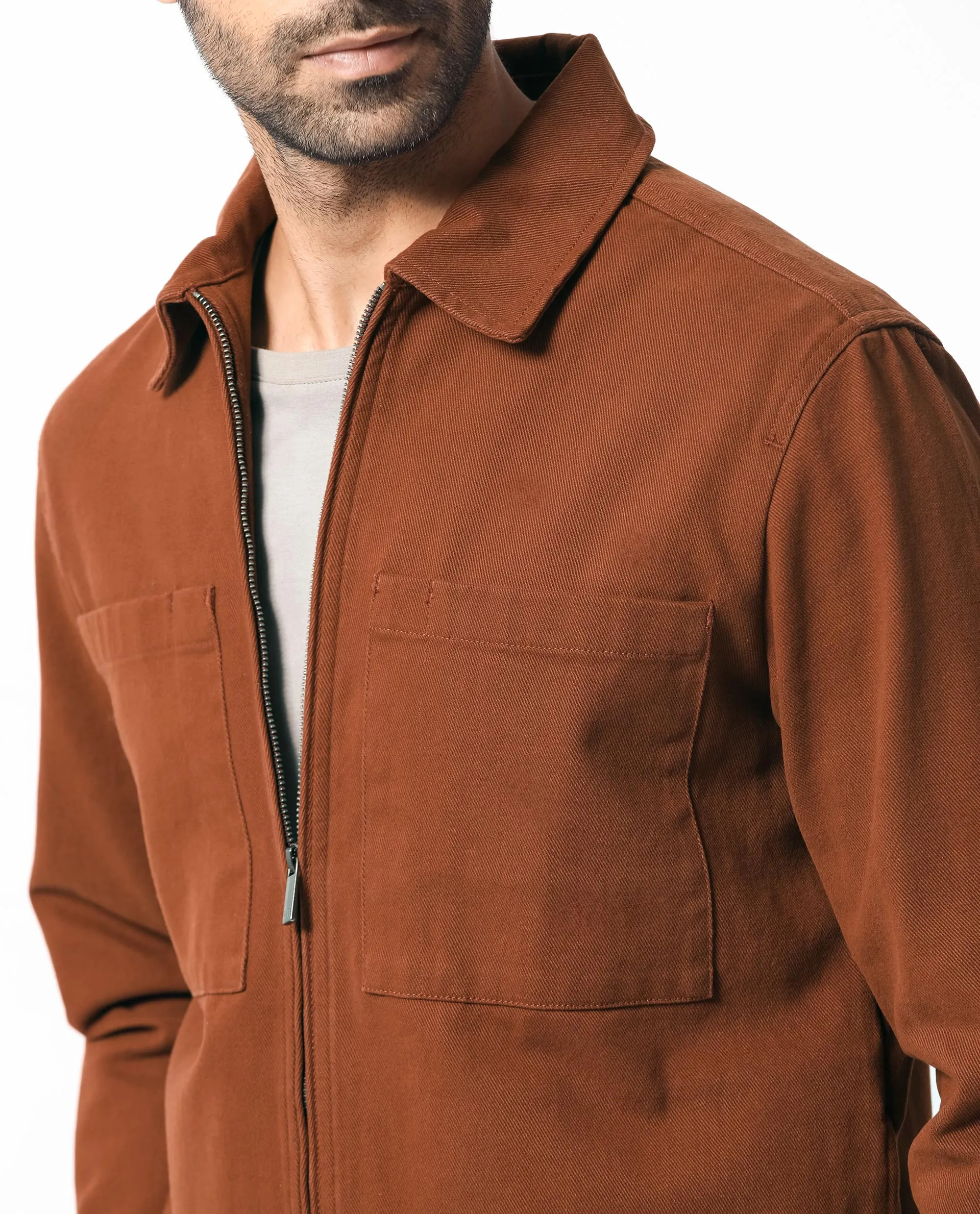 Rare Rabbit Men's Alfero Brown Cotton Fabric Full Sleeves Zip Closure Solid Twill Shacket