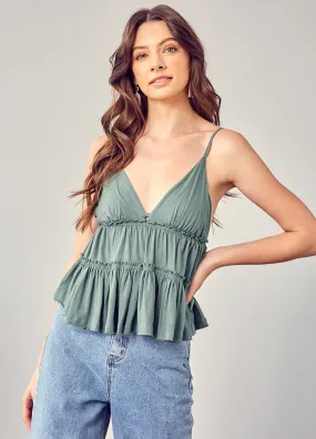 Raw Hem Tiered Green Top