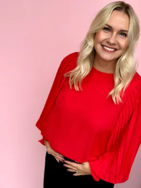 Red Pleat Balloon Sleeve Top