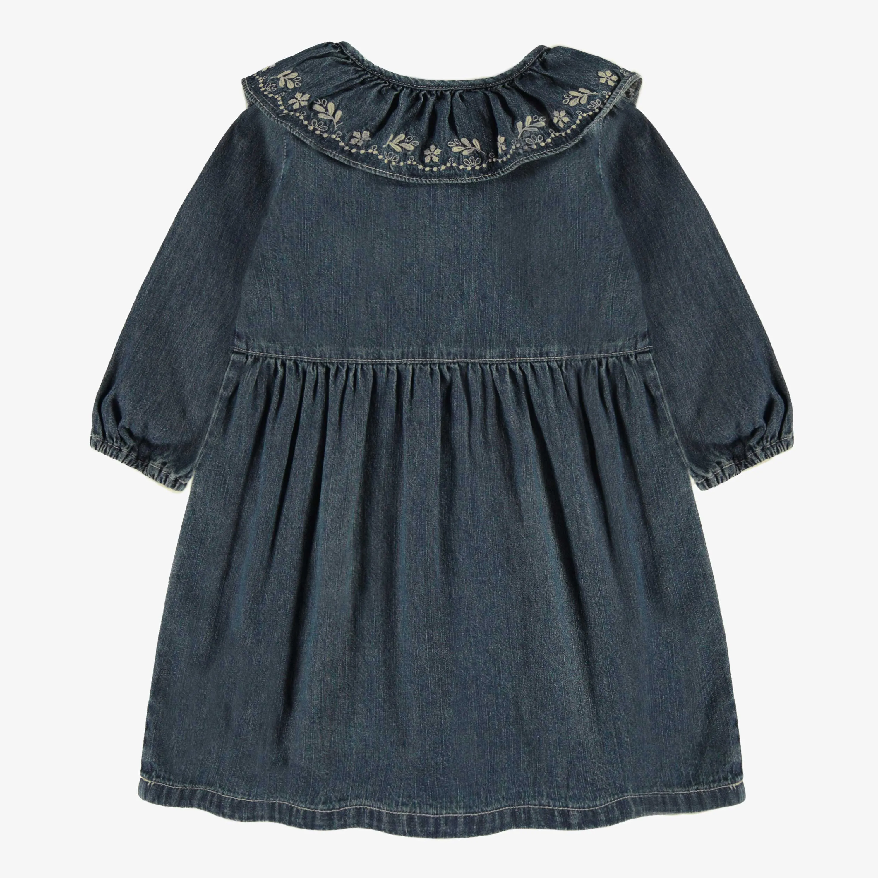 Robe coupe régulière/évasée, manches longues, en denim léger, bleu foncé, enfant || Lightweight dark blue stretch denim dress of regular/flared fit, child