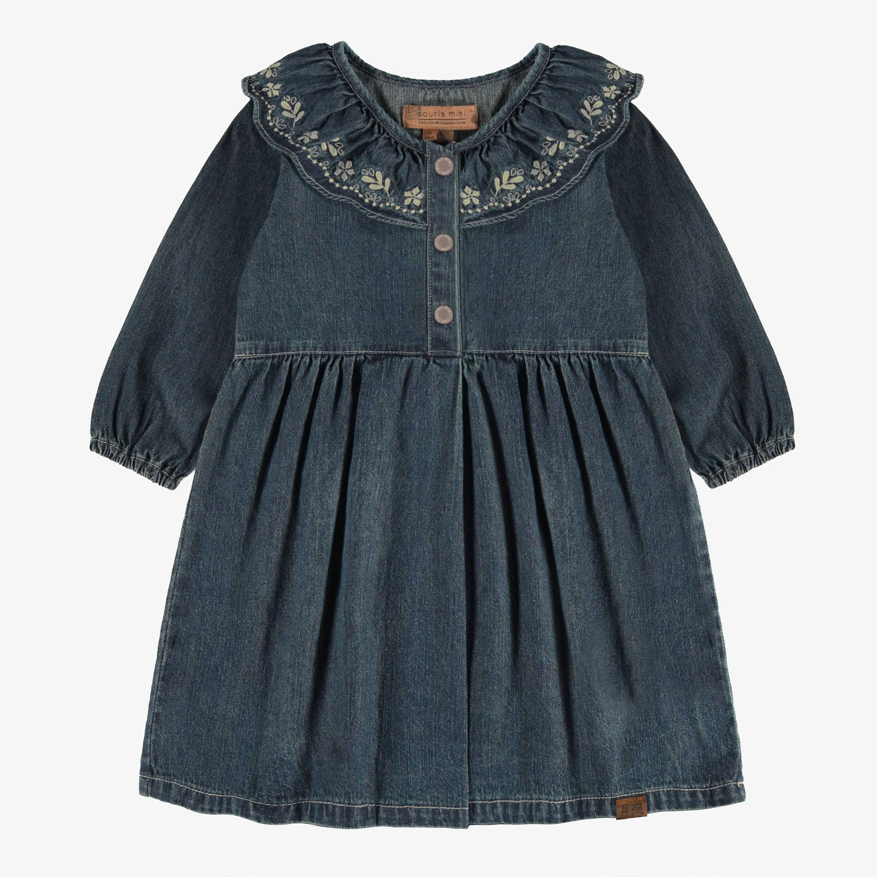 Robe coupe régulière/évasée, manches longues, en denim léger, bleu foncé, enfant || Lightweight dark blue stretch denim dress of regular/flared fit, child