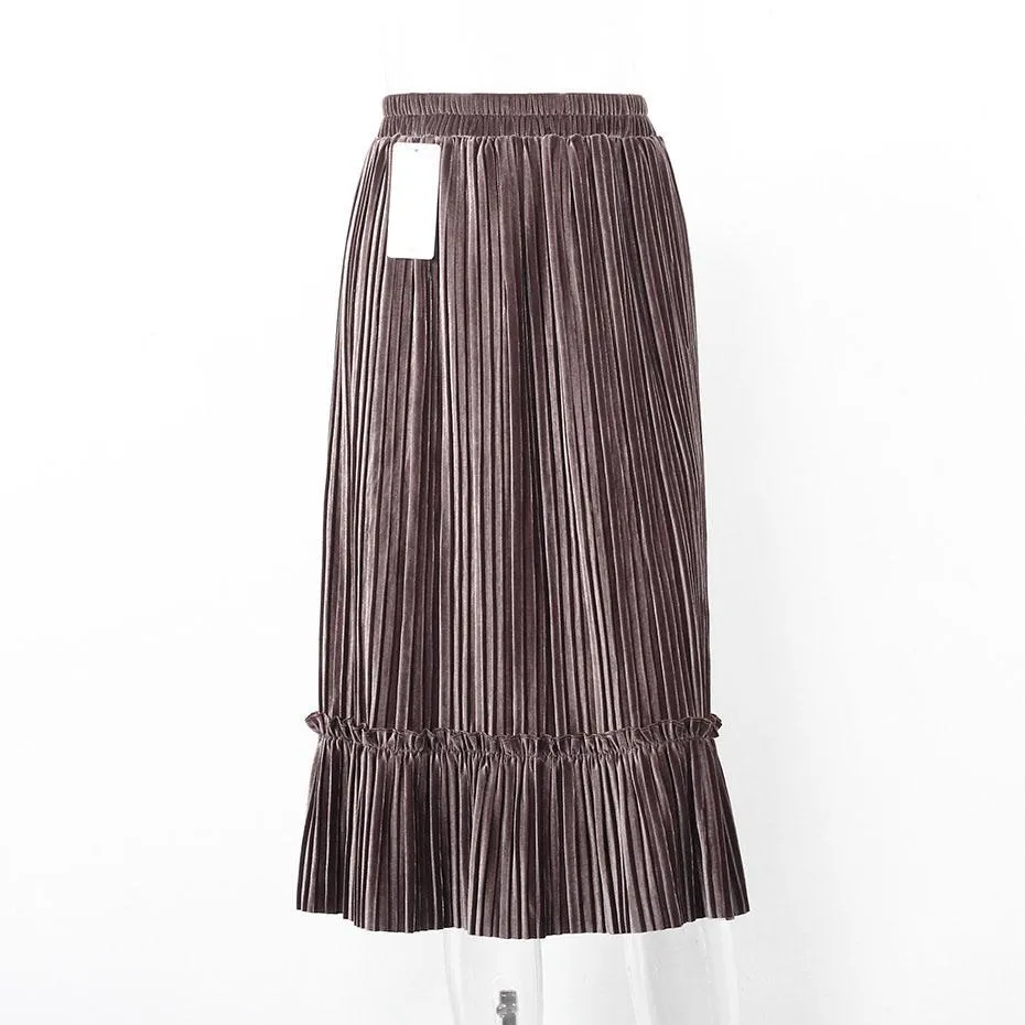 Ruffle Velvet Spring Pleated Long Skirt