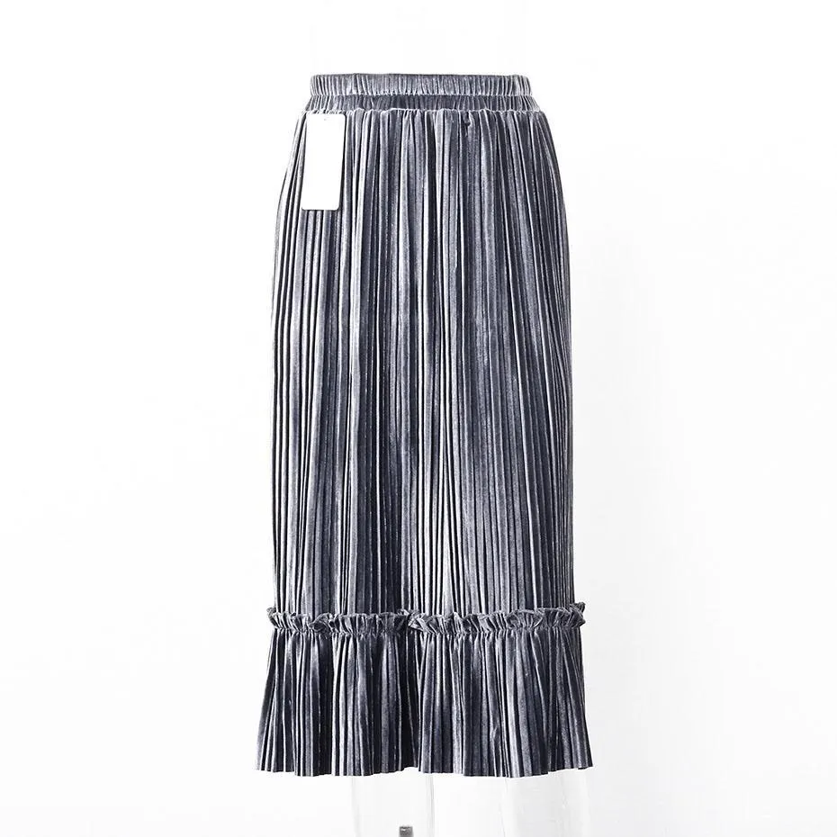 Ruffle Velvet Spring Pleated Long Skirt