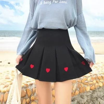 Sale Cute Hearts Embroidery Pleated Black Pink Aesthetic Skirt